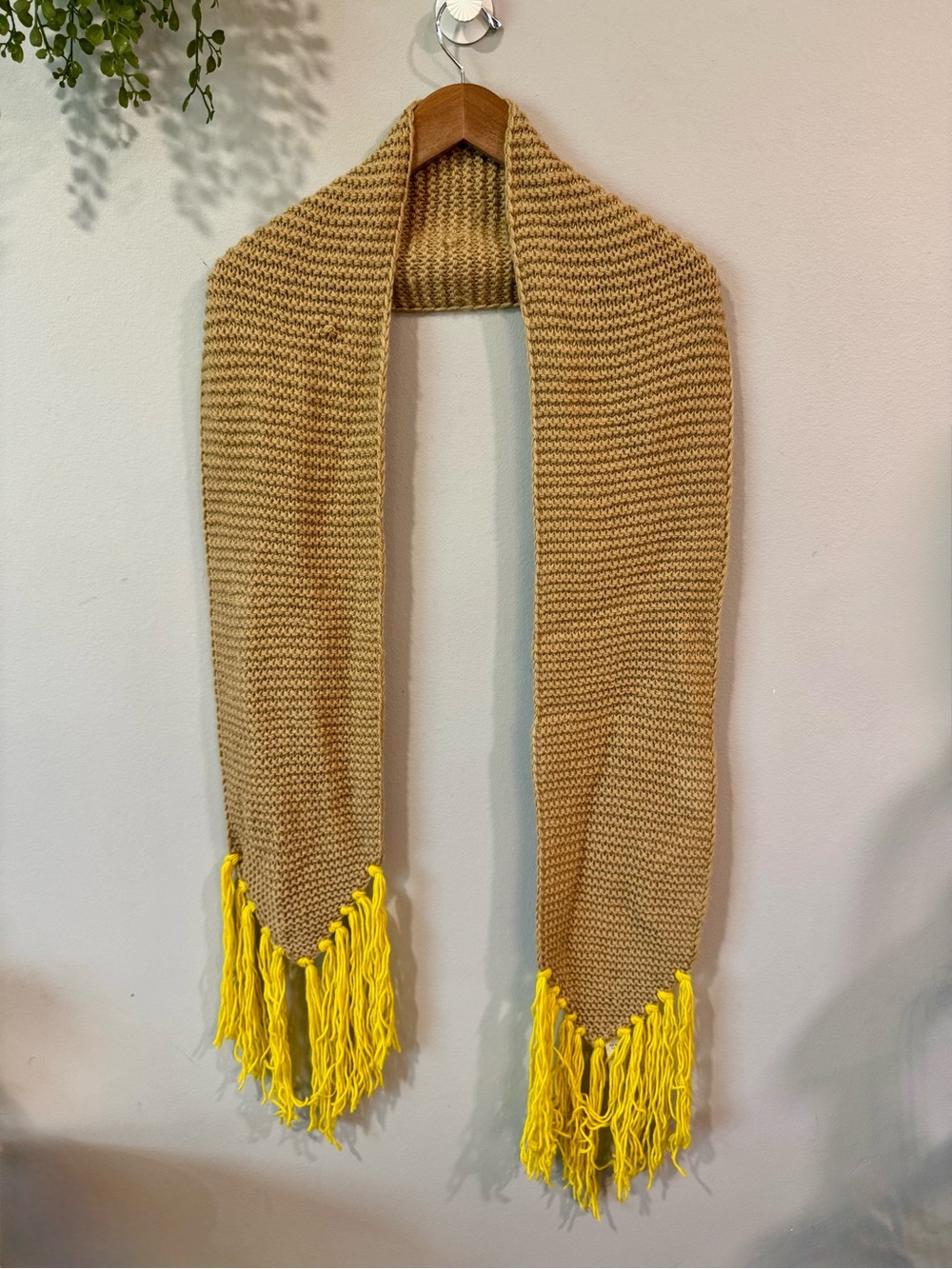 Nwt Anthropologie Beige Knit Scarf with Yellow Fringe